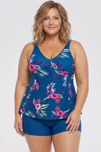 costume da bagno blu scuro con stampa tropicale