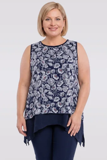 Tunica senza maniche blu navy con fiori grigi