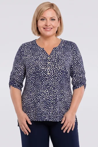 Camicetta blu navy a pois beige e oro