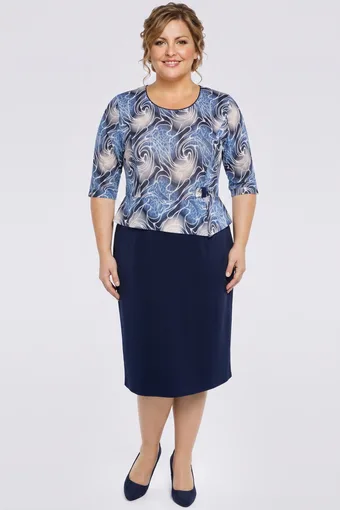 Abito blu navy con baschina, fantasia leopardata e motivi bianchi