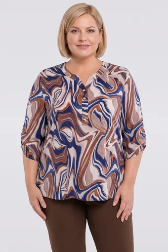 Camicetta beige con motivi blu fiordaliso e arancioni