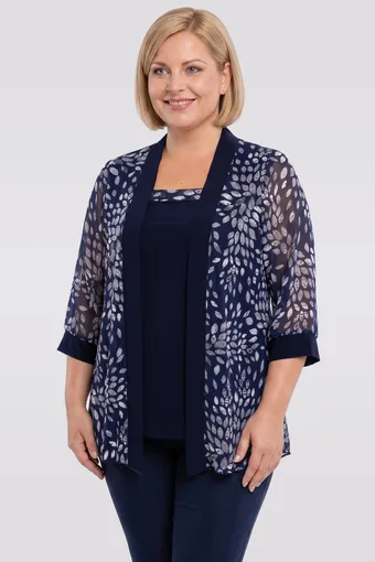 Tunica in cardigan in chiffon blu navy con foglie bianche