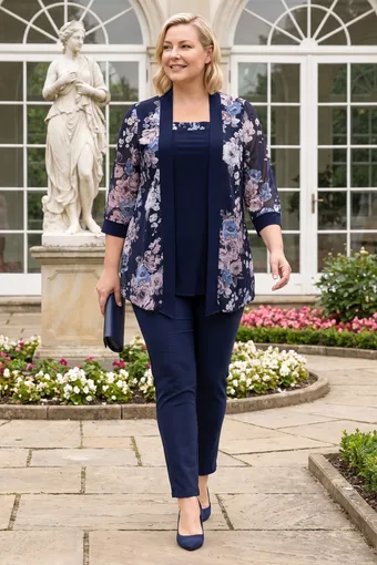 Tunica in cardigan in chiffon blu navy con fiori blu e rosa