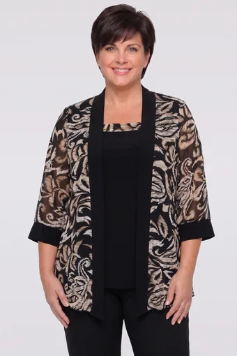 Tunica in cardigan in chiffon nero con motivi beige e marroni