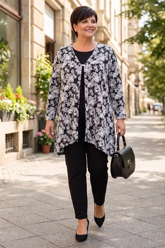 cardigan nero con fiori bianchi