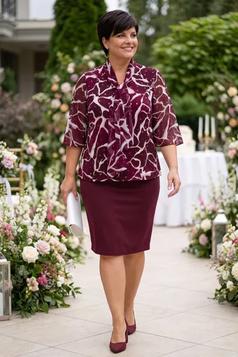 Camicetta bordeaux con fiocco e motivi beige