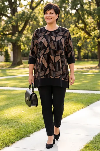 Tunica nera calda con motivi geometrici beige