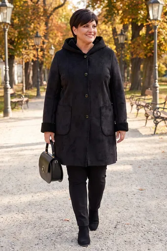 Cappotto in montone nero con motivi decorativi