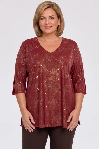 Camicetta bordeaux con scollo a V, glitter e paillettes
