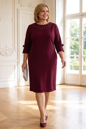 Abito bordeaux con dettagli argentati sulla scollatura