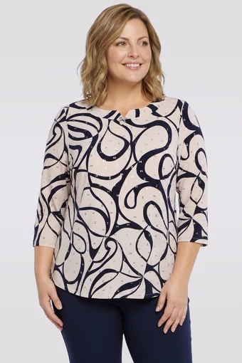 Camicetta beige con motivi e macchie blu navy