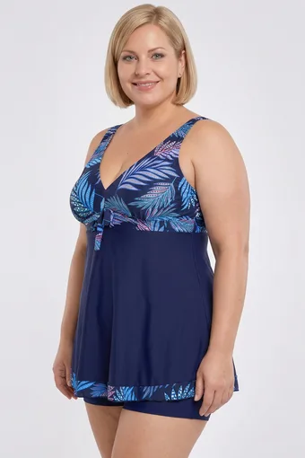 costume da bagno blu navy con motivi tropicali arancioni