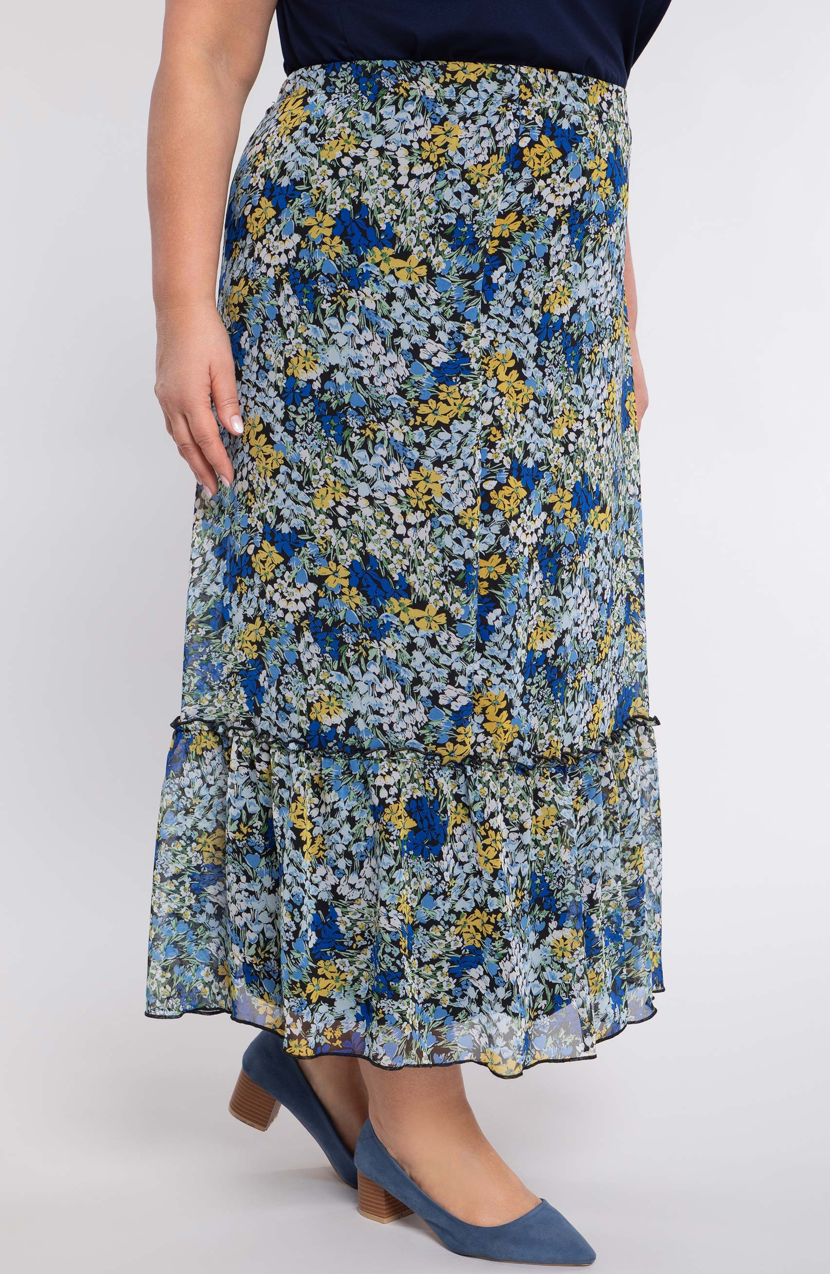 Gonna in chiffon floreale blu e giallo
