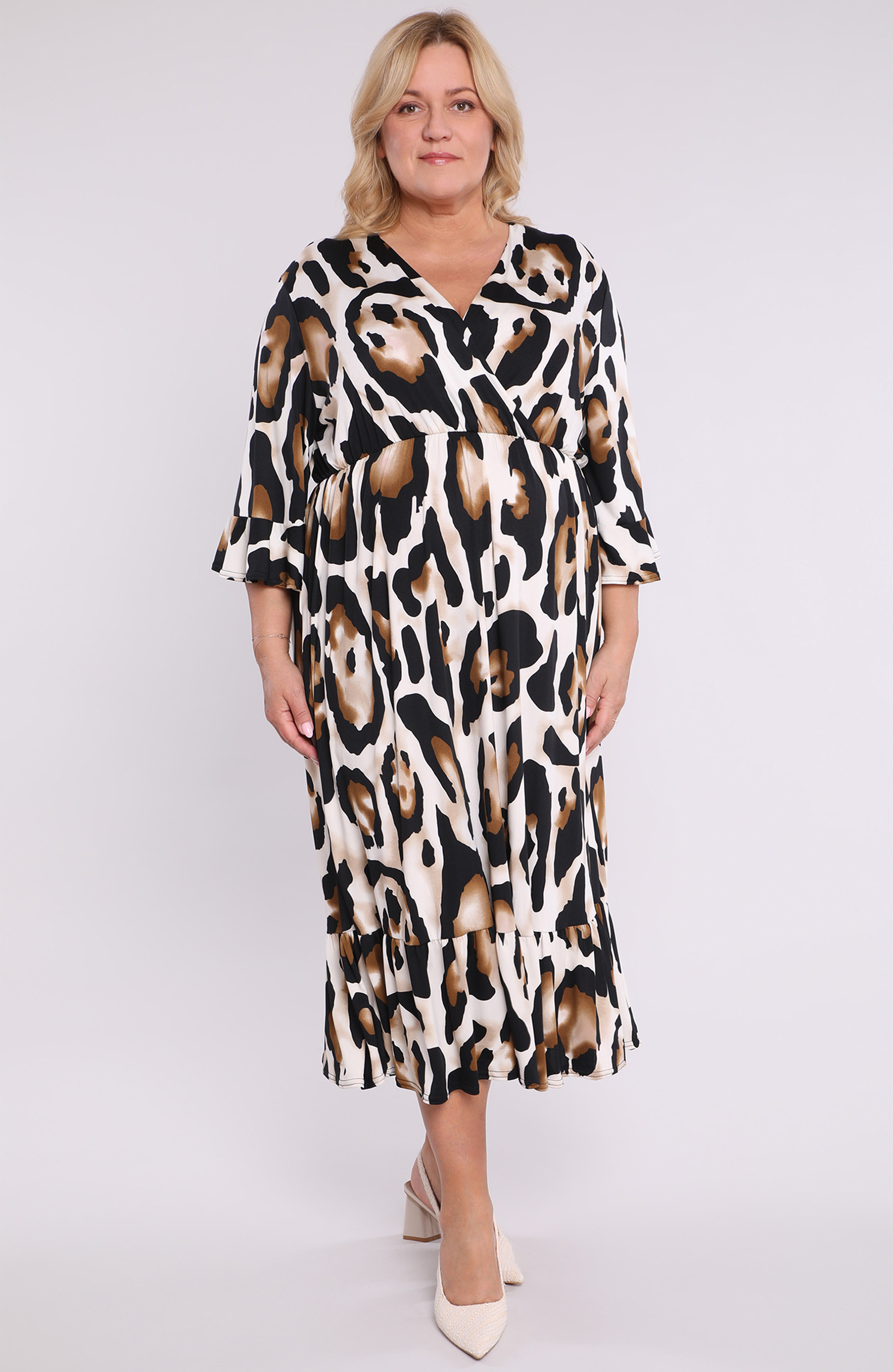 Abito beige con motivo marrone