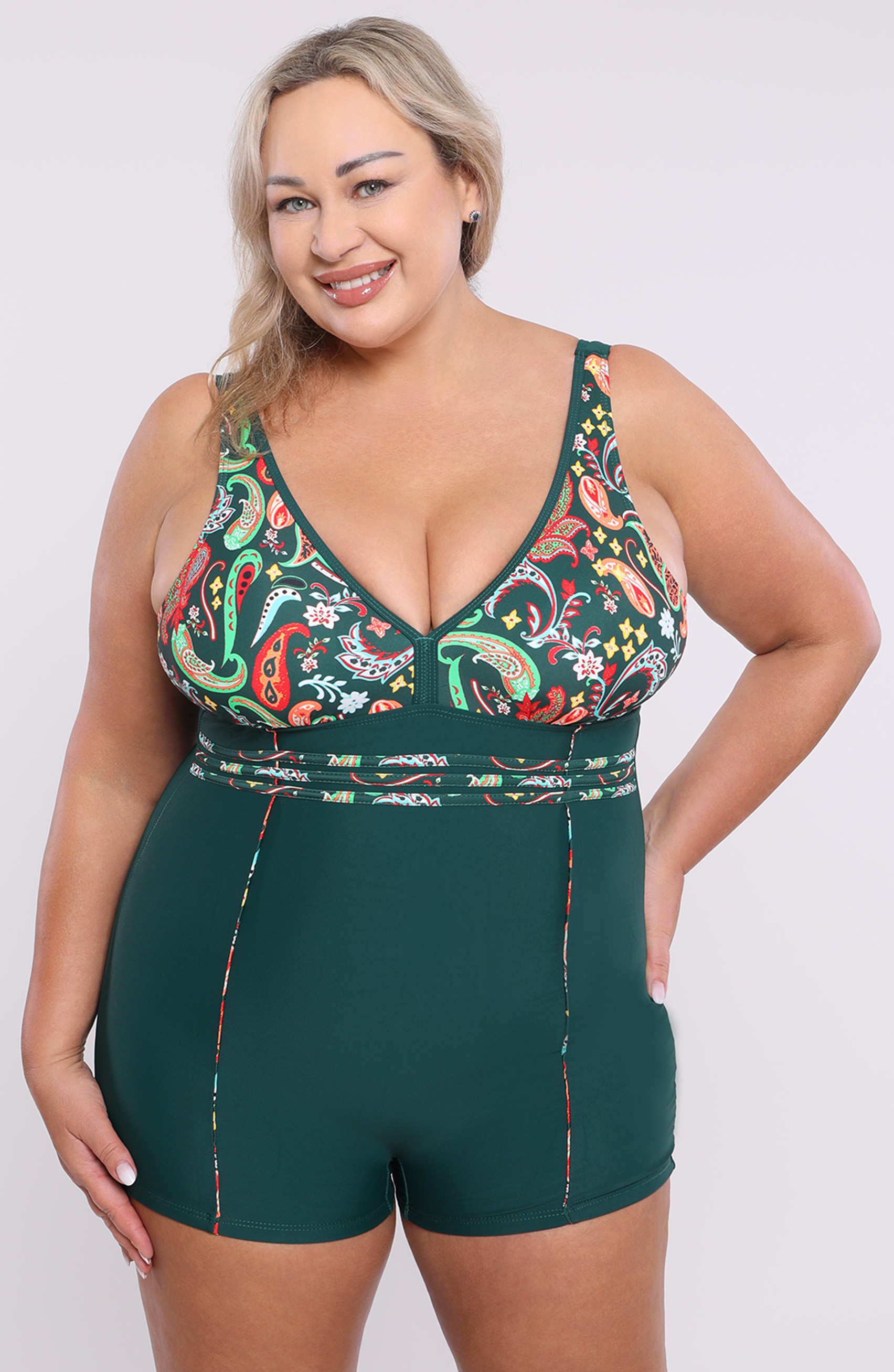 Costume da bagno intero verde con fantasie arancioni