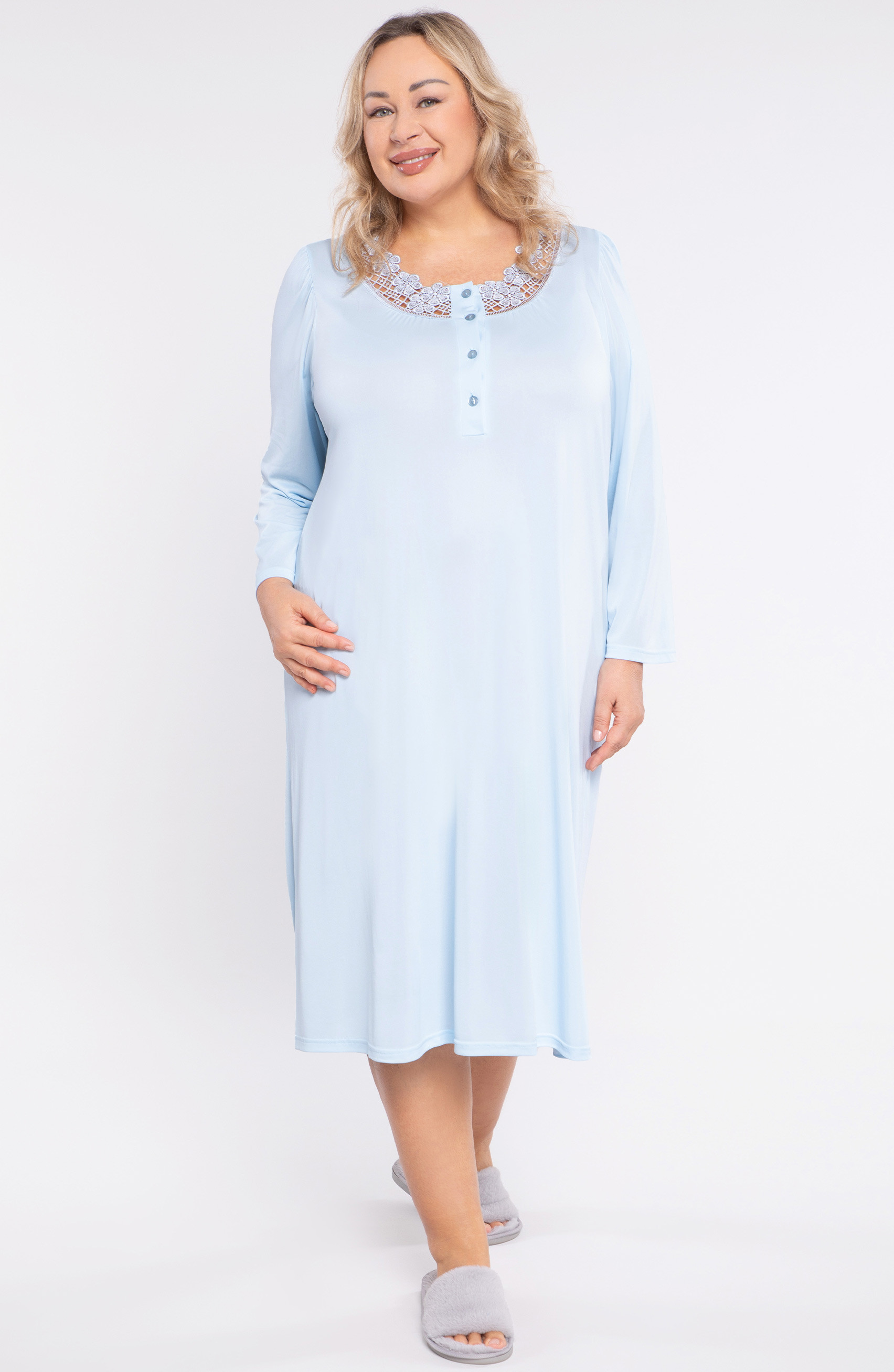 camicia da notte blu con pizzo e bottoni